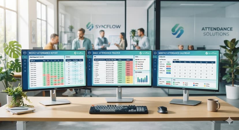 Collage of daily, weekly and monthly employee attendance templates on computer screens
