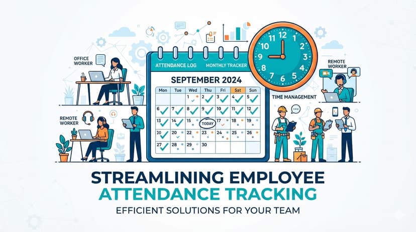 Illustration of a calendar, clock, and diverse employees symbolizing attendance management
