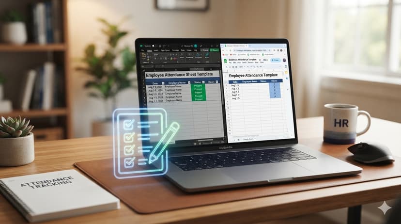 Laptop displaying both Excel and Google Sheets attendance templates with a checklist graphic