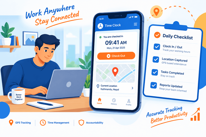 Collage of remote workers using mobile devices, GPS map, and a compliance checklist
