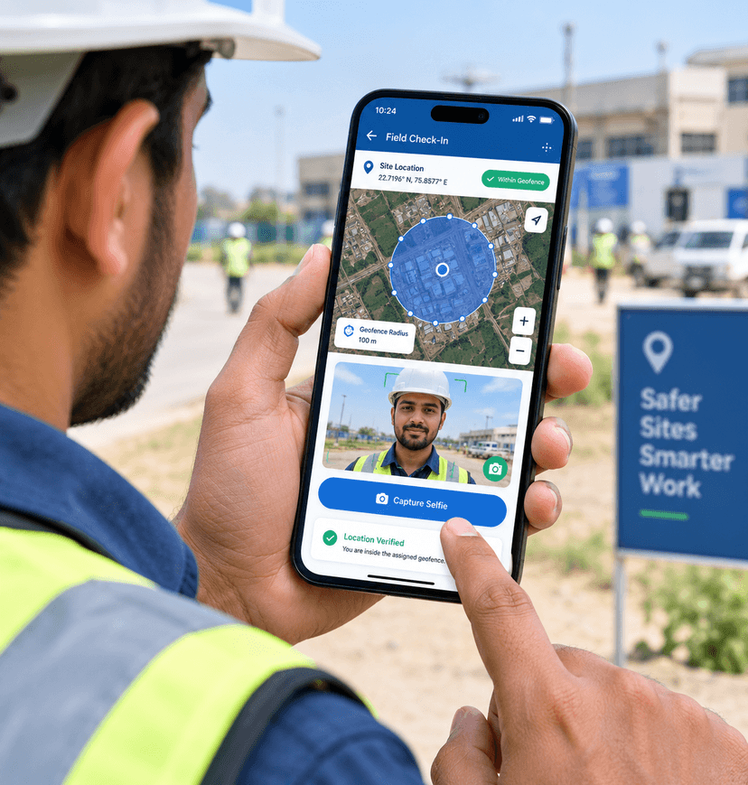 Smartphone displaying a geofence map and a selfie capture screen for field staff attendance